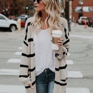 striped black and white cover up chunky knit cardigan boho